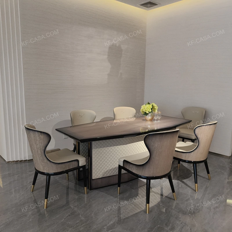 Angled Top Dining Table with Diamond-Quilted Leather Pedestal and Gold Inlay